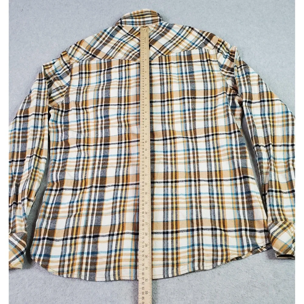 True Religion Shirt Tag Size XXXL Fits 2XL Brown Blue Plaid Pearl Snap Flannel